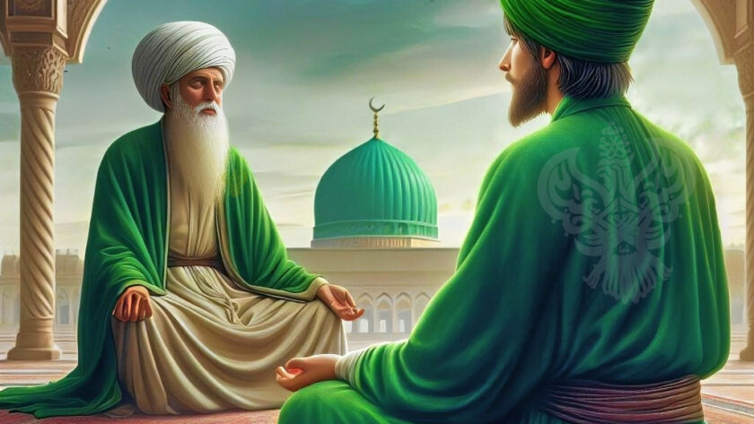 A sufi with a Shaykh and the green dome in the background