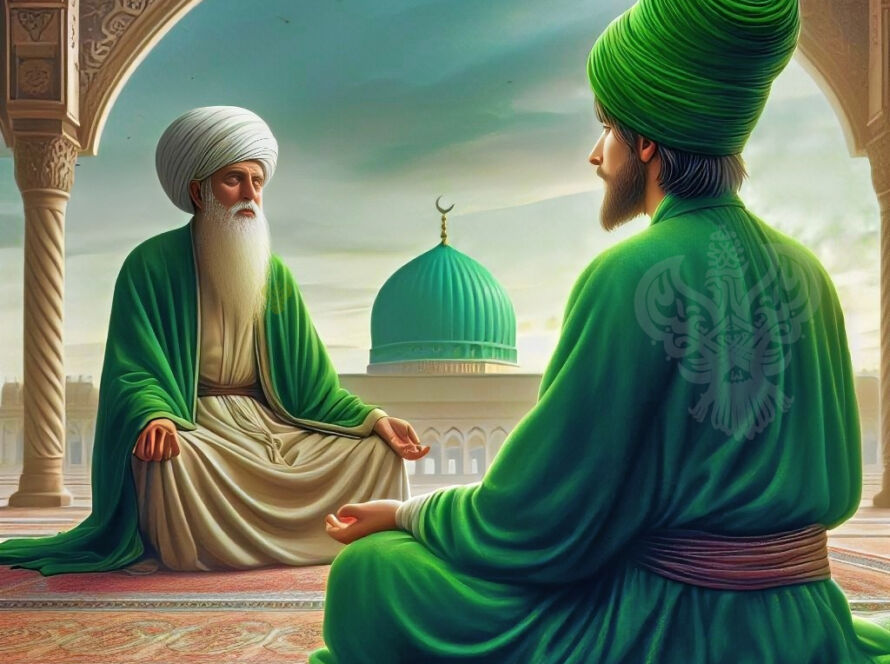 A sufi with a Shaykh and the green dome in the background