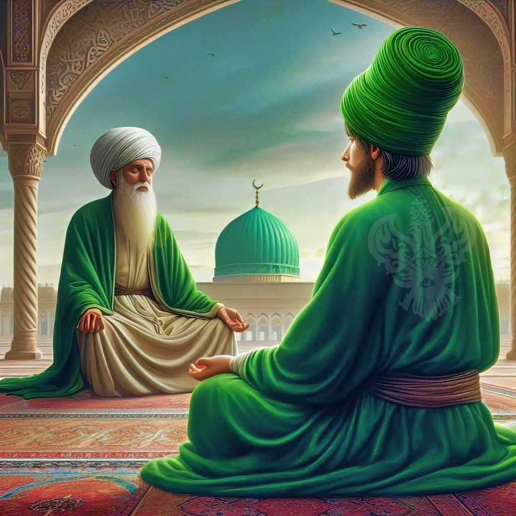 A sufi with a Shaykh and the green dome in the background