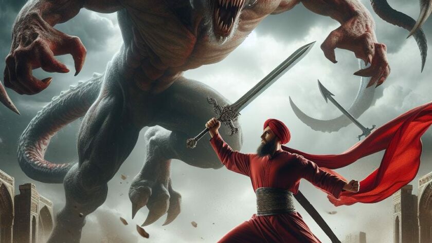 A sufi in red in a lotr scene fighting a demon with a sword