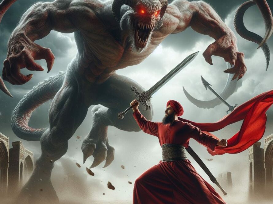 A sufi in red in a lotr scene fighting a demon with a sword