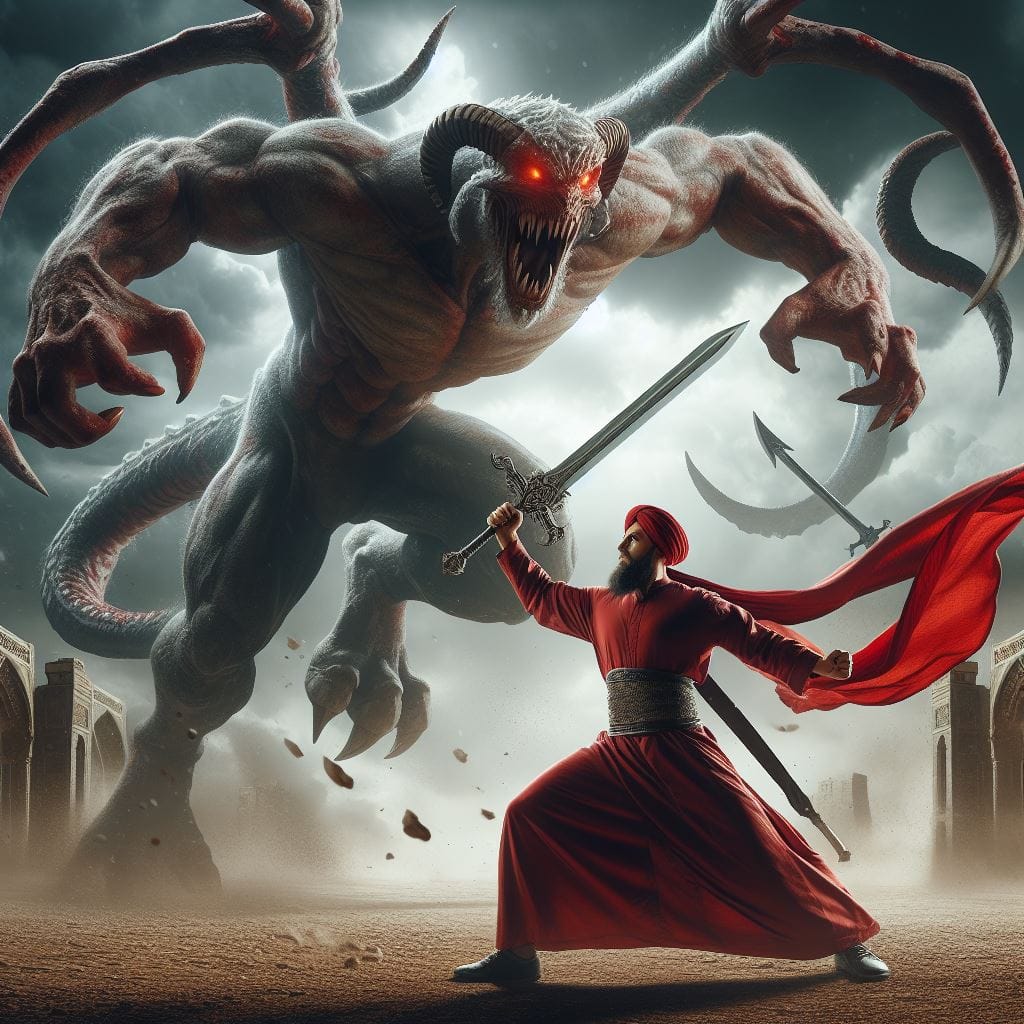 A sufi in red in a lotr scene fighting a demon with a sword