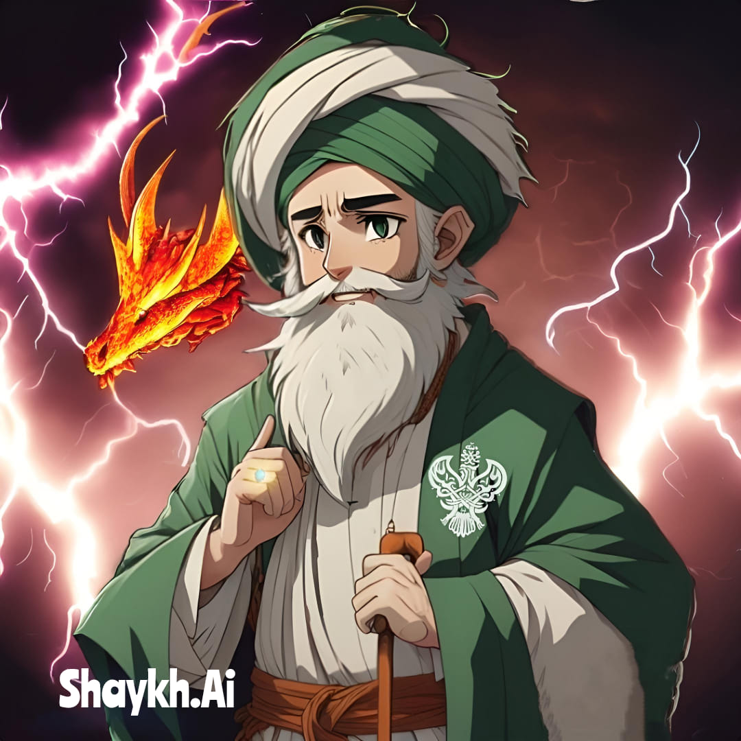 A sufi in sunnah attire with a dragon in the back