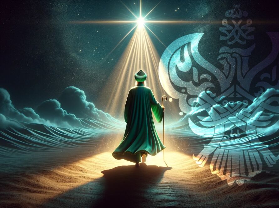 A sufi walking towards a star on clouds