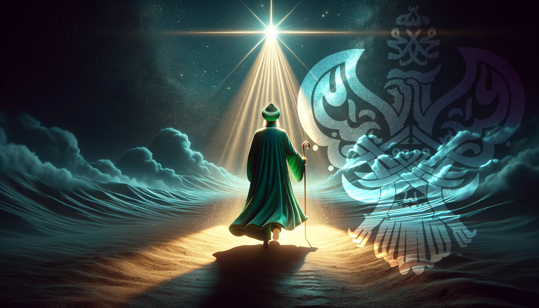 A sufi walking towards a star on clouds