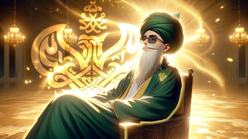 A sufi with glasses on sitting in a chair with light in the background