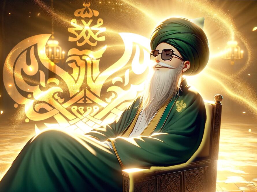 A sufi with glasses on sitting in a chair with light in the background