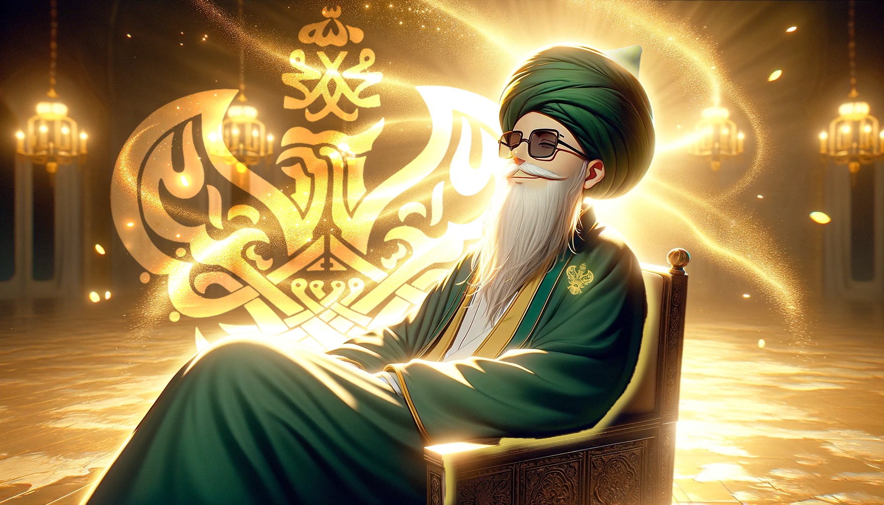 A sufi with glasses on sitting in a chair with light in the background