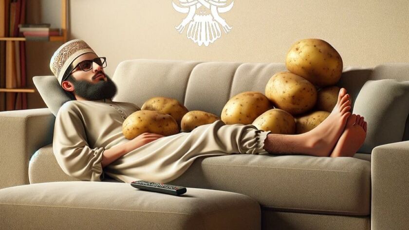 A man on a couch laying with potatoes