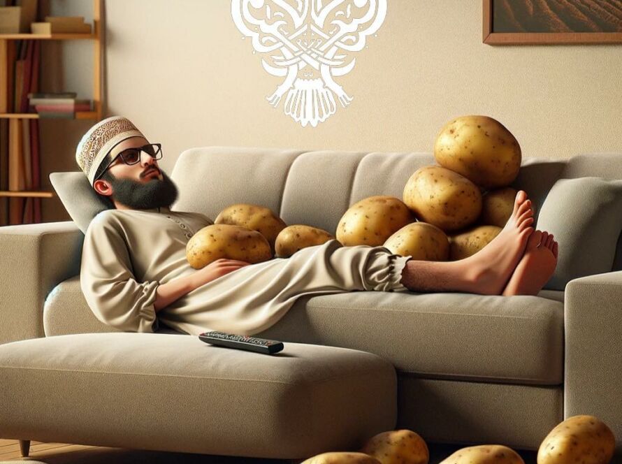 A man on a couch laying with potatoes