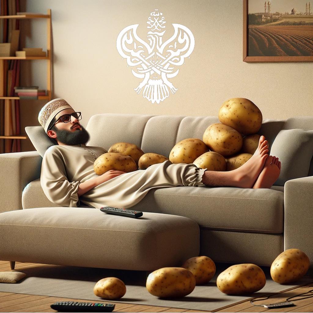 A man on a couch laying with potatoes