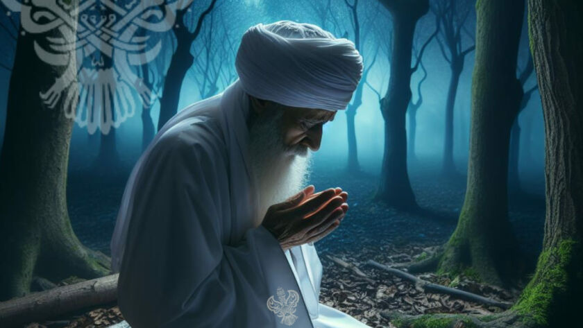 A sufi in white praying on a white in a forest