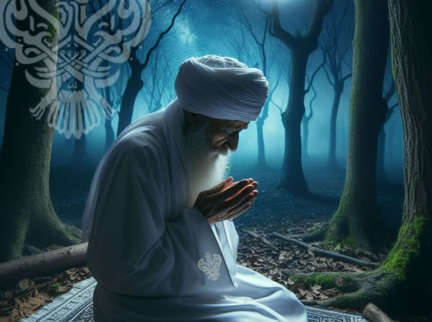 A sufi in white praying on a white in a forest