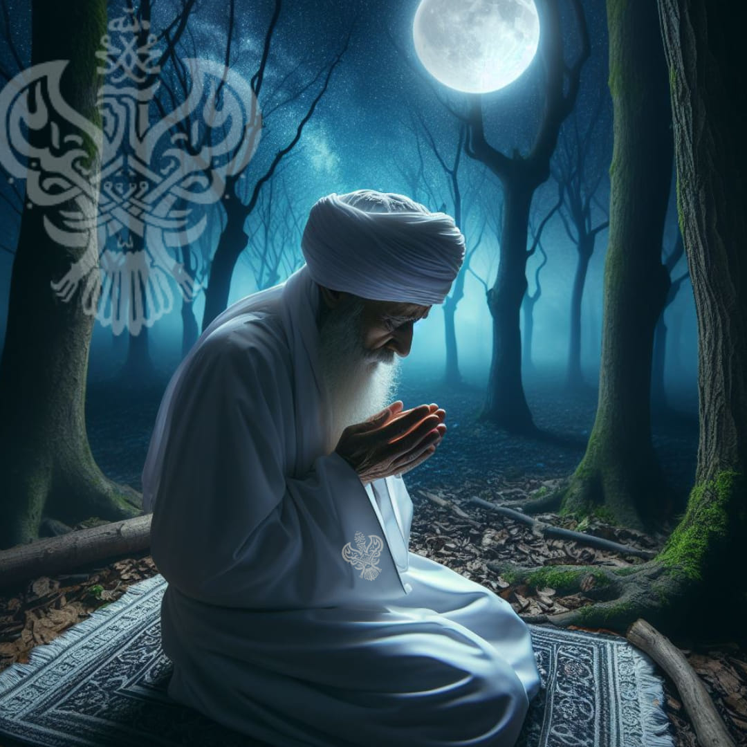 A sufi in white praying on a white in a forest