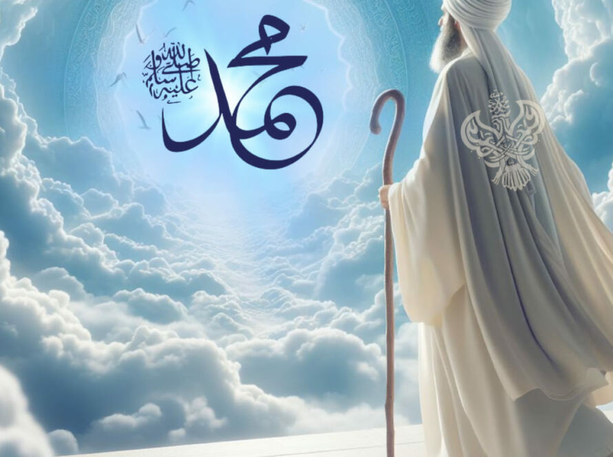 A sufi in white with a cane seeking