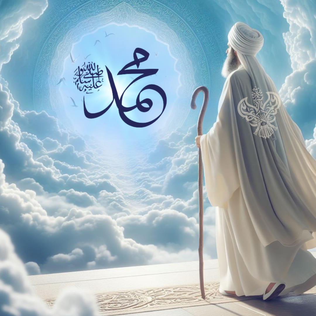 A sufi in white with a cane seeking