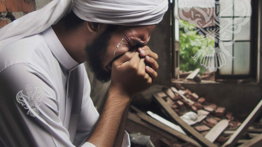 A man crying in wreckage