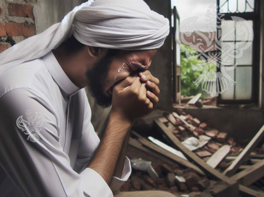 A man crying in wreckage