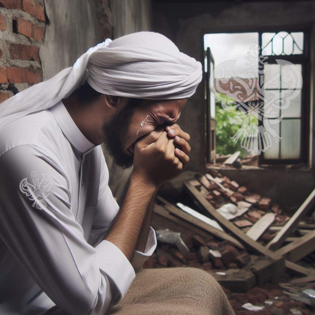 A man crying in wreckage