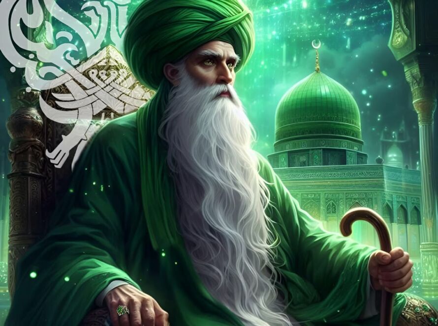 A sufi shaykh in green near the green dome