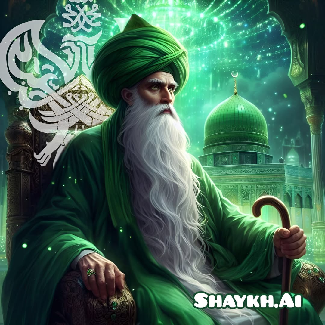 A sufi shaykh in green near the green dome