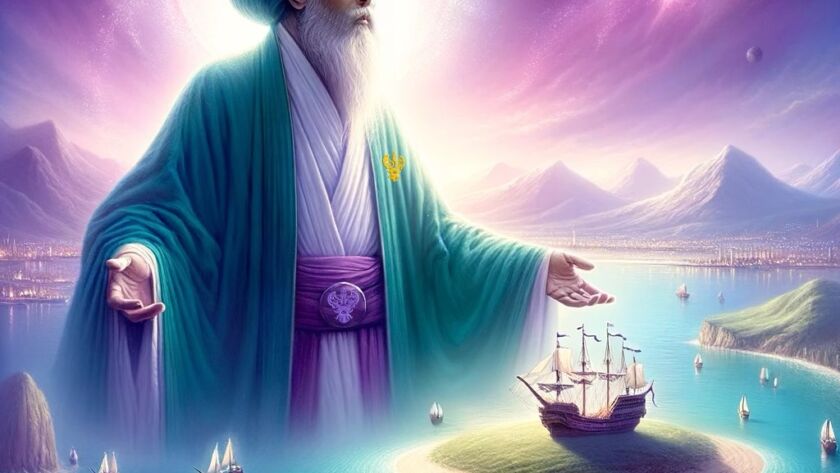 A sufi and ships and purple sky and trees