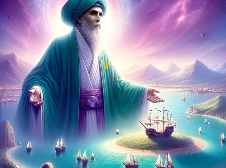 A sufi and ships and purple sky and trees