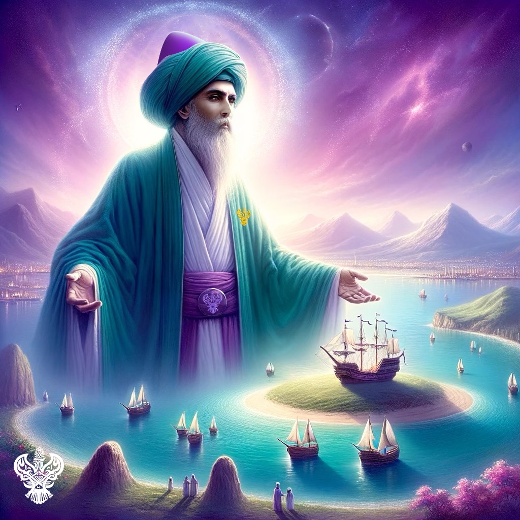 A sufi and ships and purple sky and trees