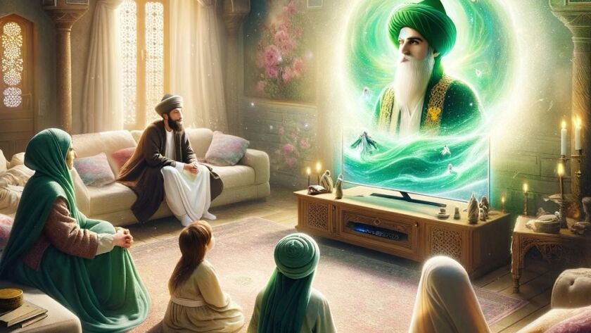 A sufi family sitting and watching a sufi on a television portal