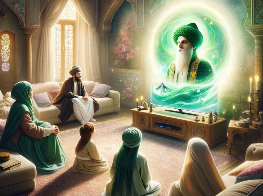 A sufi family sitting and watching a sufi on a television portal