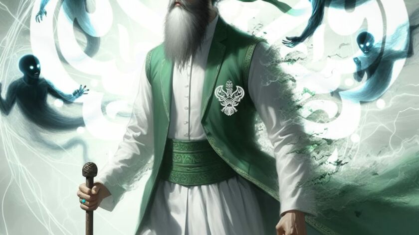 A sufi warrior with a cane and spirits around him