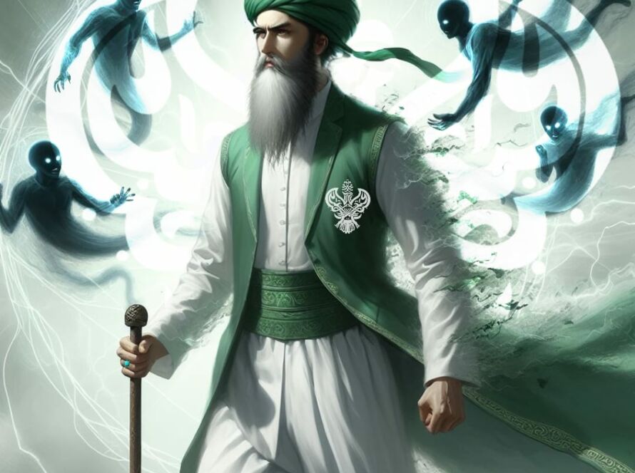 A sufi warrior with a cane and spirits around him