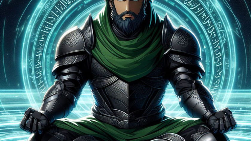 A sufi in black armor meditating sitting