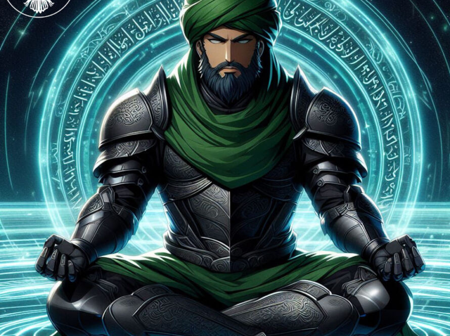 A sufi in black armor meditating sitting