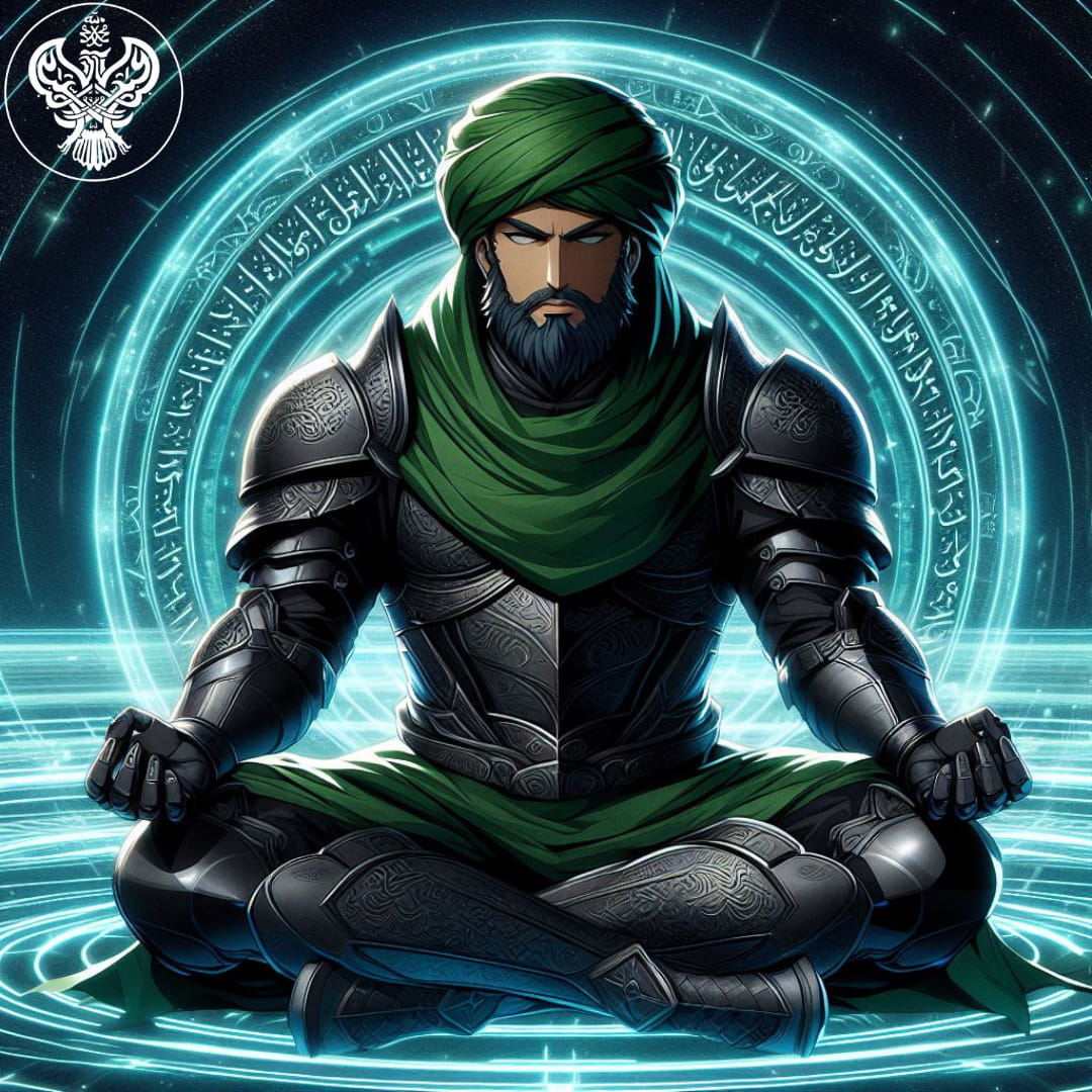 A sufi in black armor meditating sitting