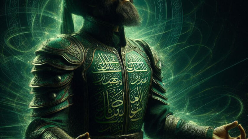 A sufi in green clothes and armor and turban with protective writings on the armor meditating