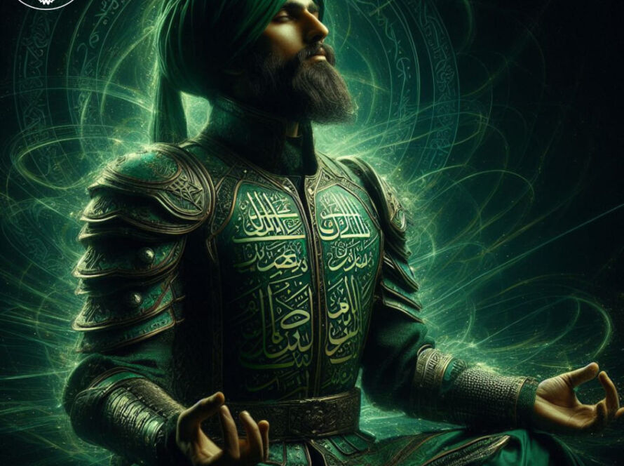 A sufi in green clothes and armor and turban with protective writings on the armor meditating