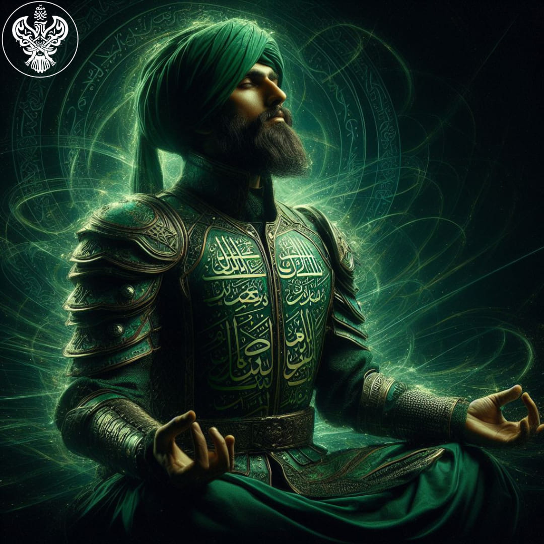 A sufi in green clothes and armor and turban with protective writings on the armor meditating