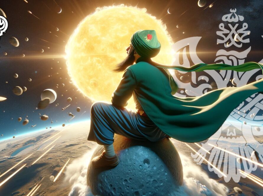 A sufi sitting on the moon looking at the sun