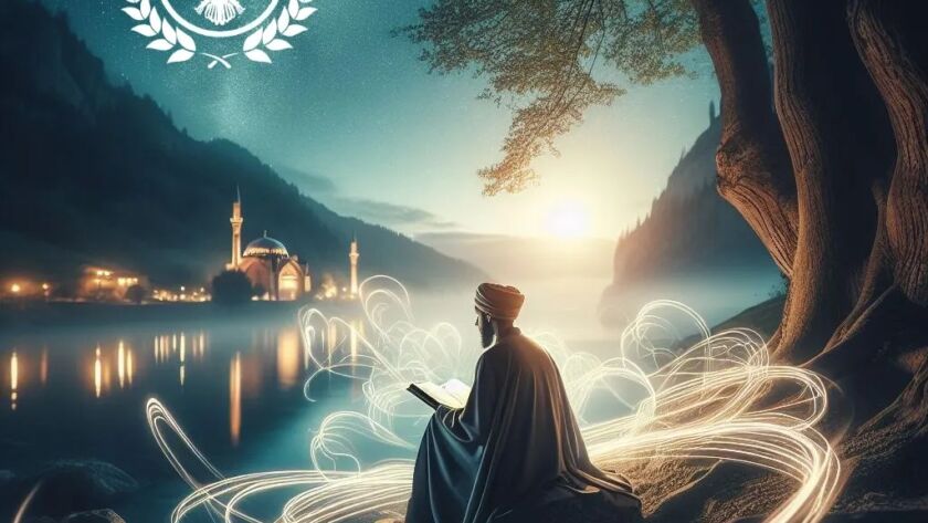 A man in golden light reading the Durood Shareef sitting in front of a lake