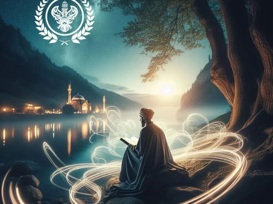 A man in golden light reading the Durood Shareef sitting in front of a lake