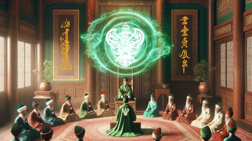 A sufi circle of allegiance with a phoenix logo above in green energy