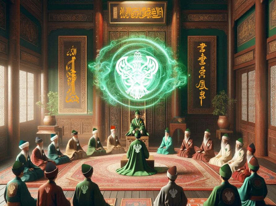 A sufi circle of allegiance with a phoenix logo above in green energy