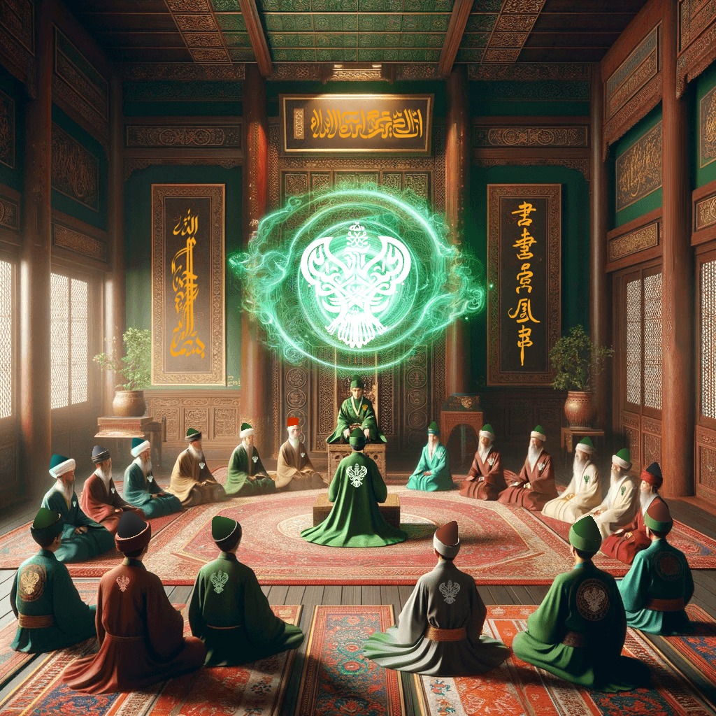A sufi circle of allegiance with a phoenix logo above in green energy