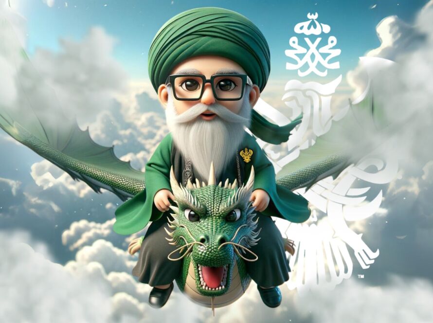 A sufi and a dragon flying in the sky