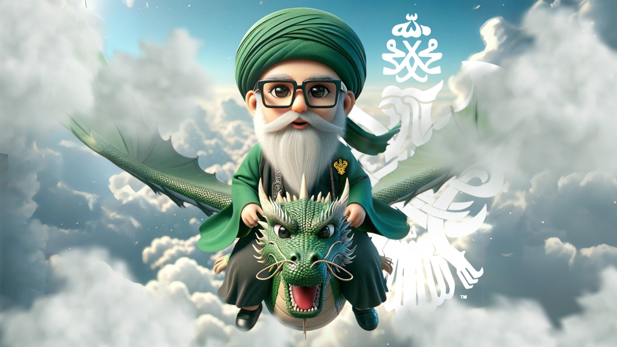 A sufi and a dragon flying in the sky