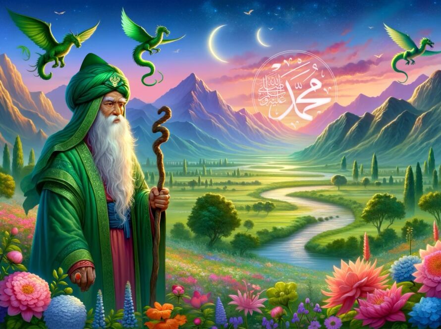 A Sufi Shaykh (Q) in a colorful valley with a sunnah cane