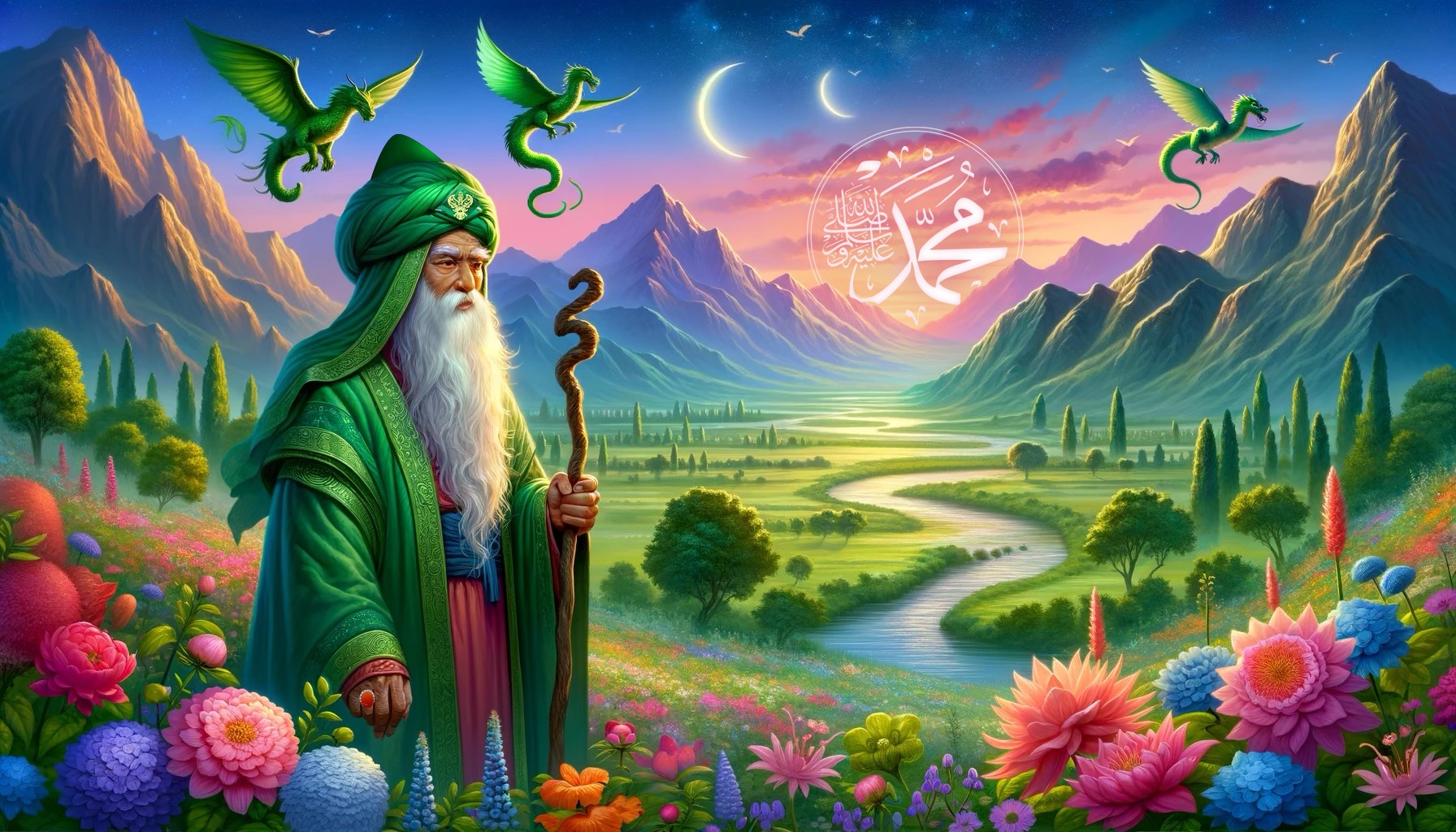 A Sufi Shaykh (Q) in a colorful valley with a sunnah cane