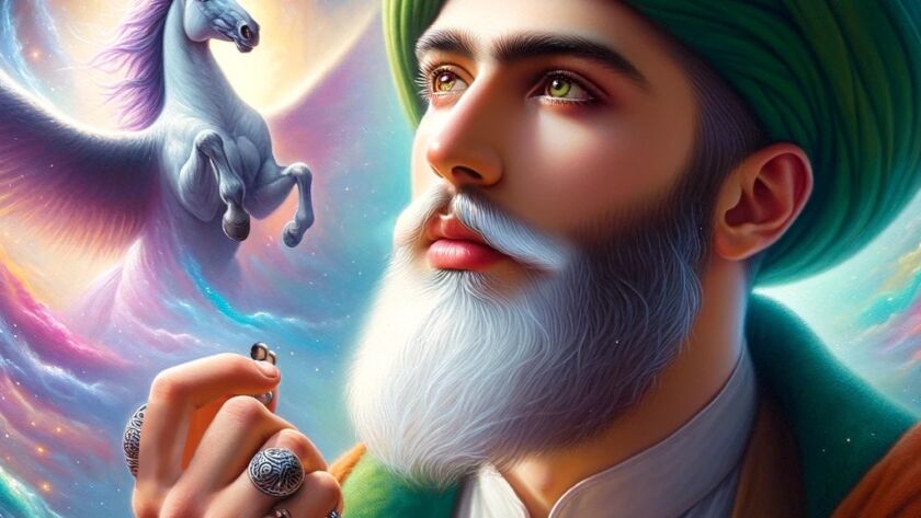 A sufi in colorful clouds and a flying horse