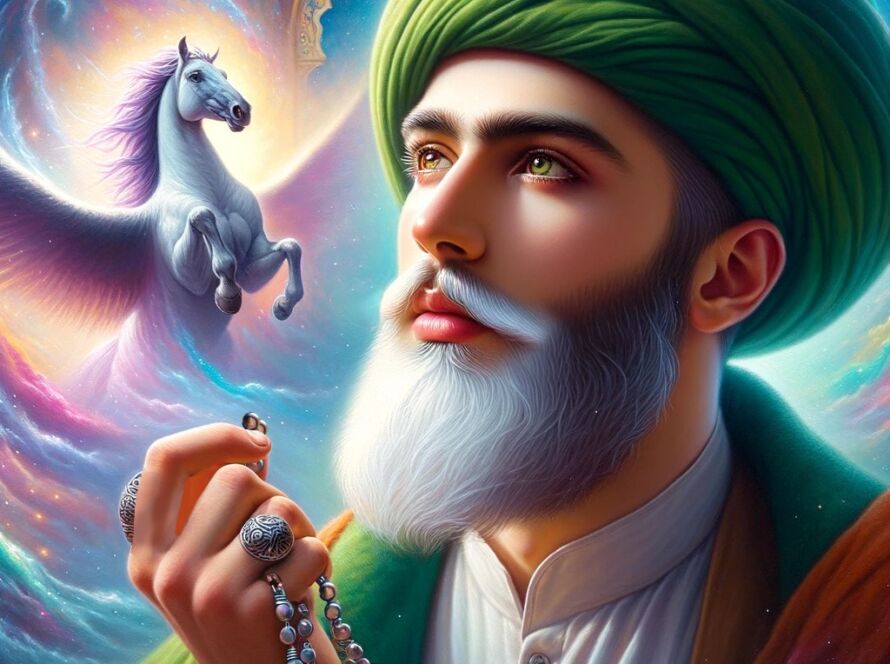 A sufi in colorful clouds and a flying horse